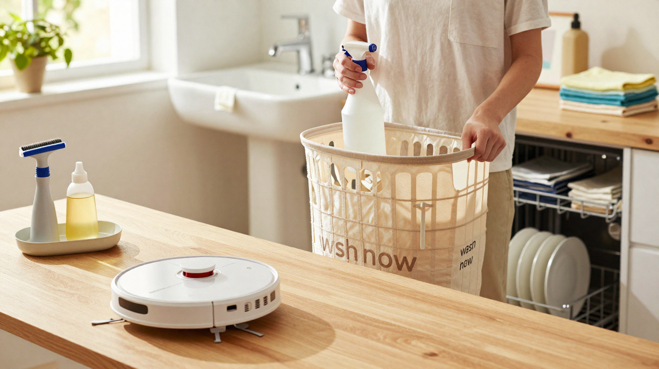 Pessoa a colocar roupa numa cesta de lavar, com robot aspirador e produtos de limpeza numa bancada de cozinha.