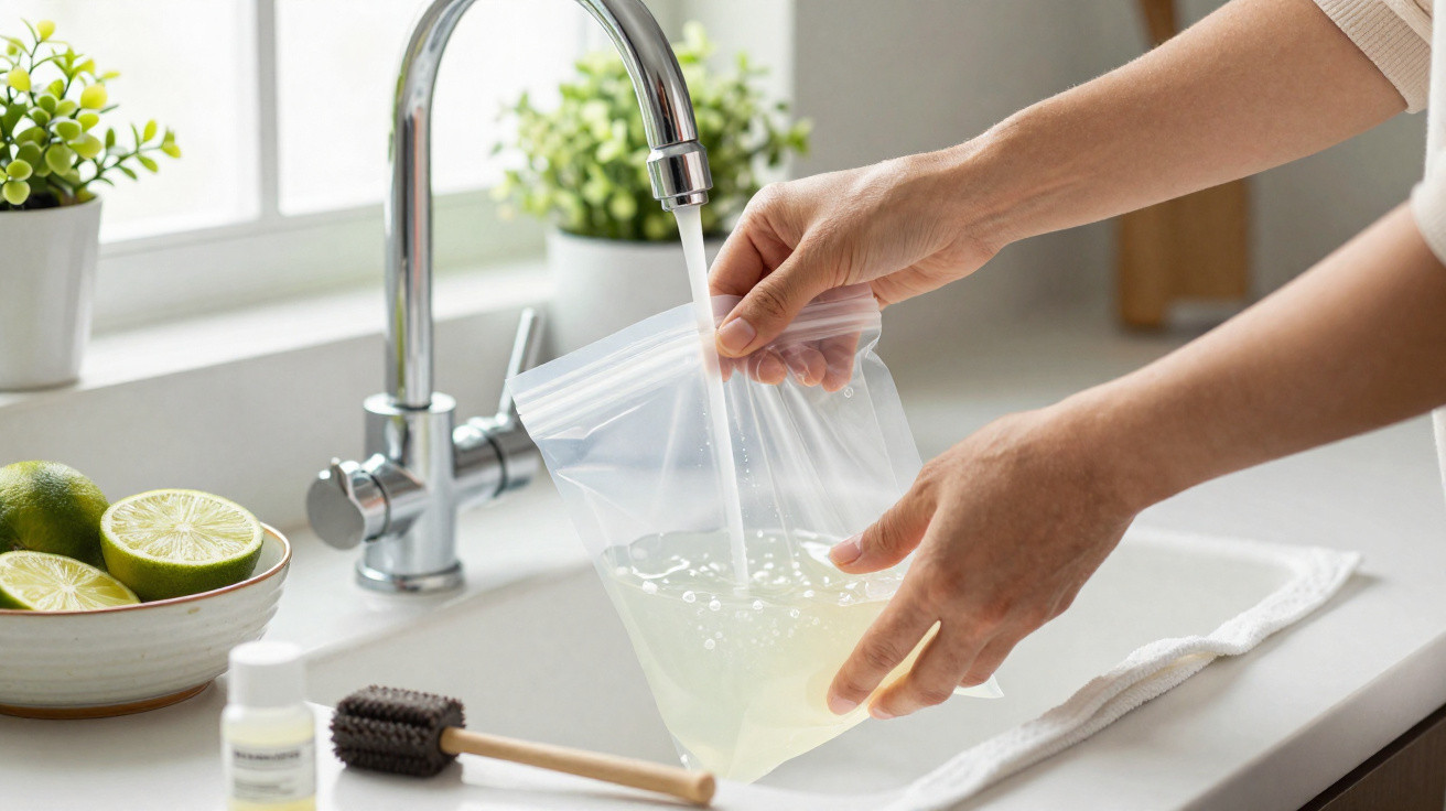Pessoa a encher saco plástico com líquido transparente numa pia de cozinha moderna.