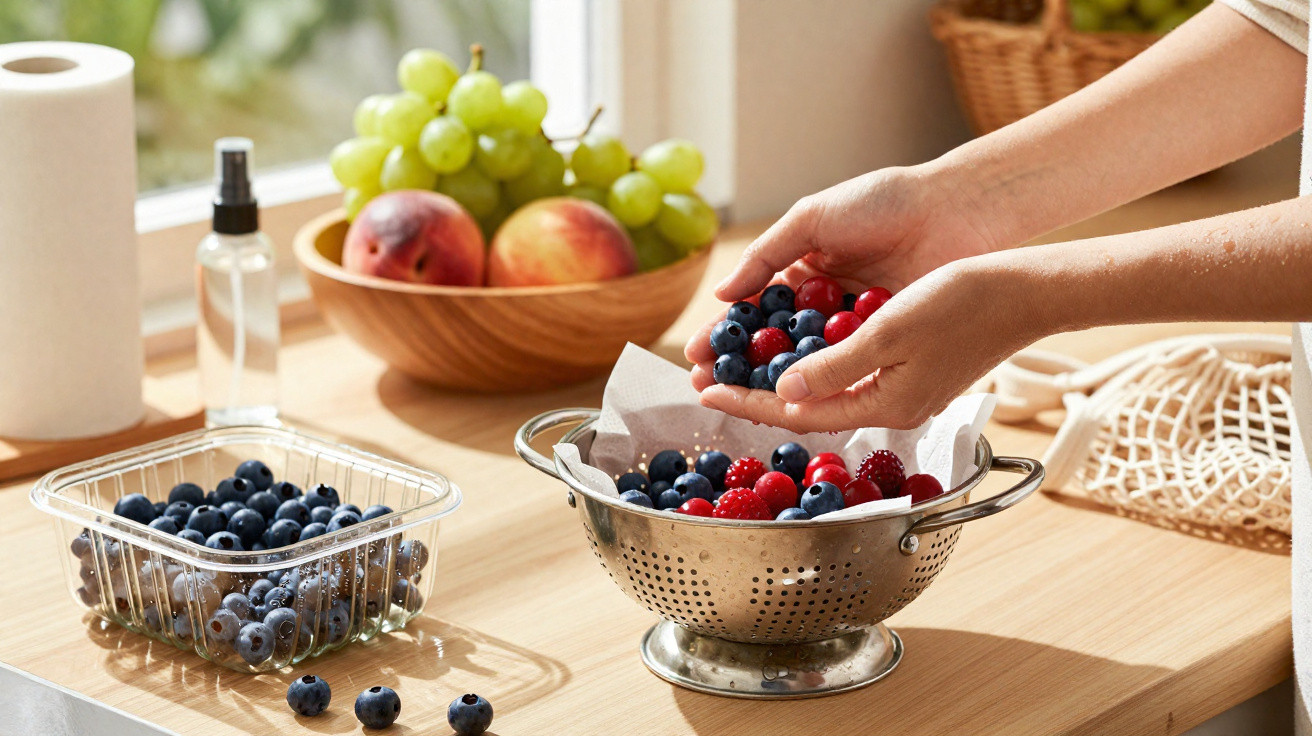 Mãos seguram frutos vermelhos e pretos num passador metálico, ao lado de caixa de mirtilos e fruteira com pêssegos e uvas.