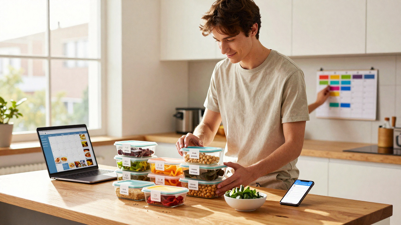 Jovem organiza legumes cortados em recipientes rotulados numa cozinha moderna, com laptop e smartphone na mesa.