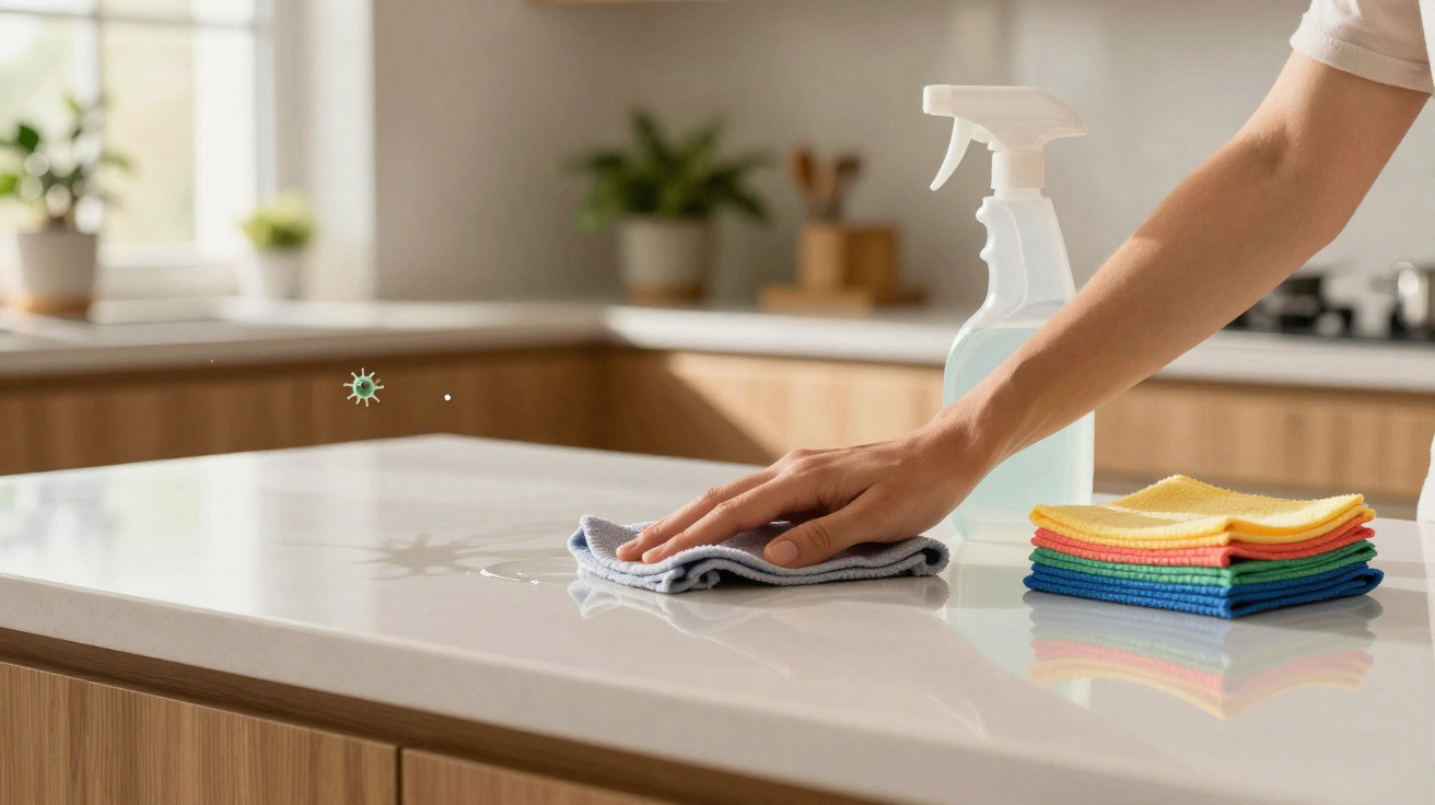 Mão a limpar uma bancada branca com um pano azul e spray de limpeza numa cozinha moderna.