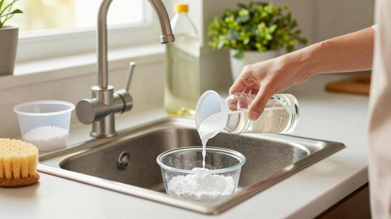 Pessoa a deitar líquido branco em pó num recipiente transparente junto a uma pia de cozinha.