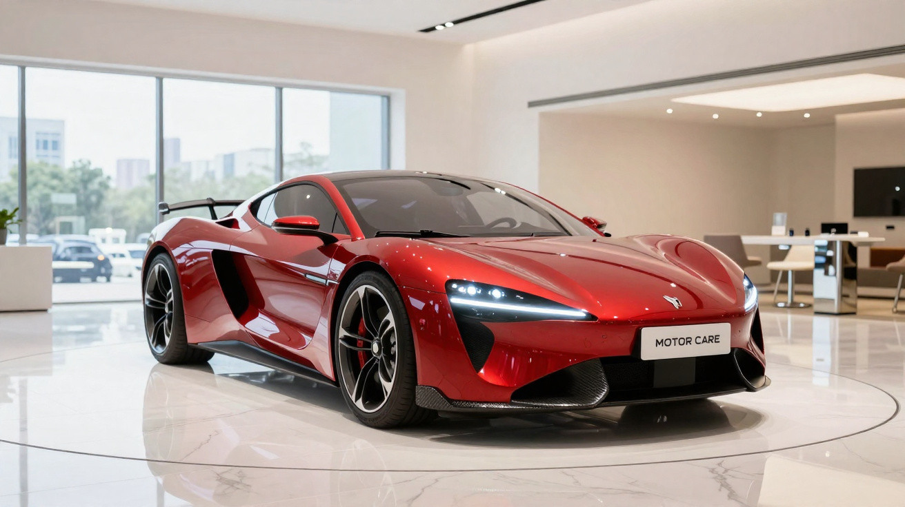 Automóvel desportivo vermelho exibido num showroom moderno com acabamento brilhante e jantes pretas.