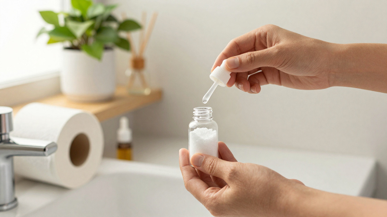 Mãos a segurar frasco e conta-gotas com líquido branco numa casa de banho luminosa com planta e papel higiénico.