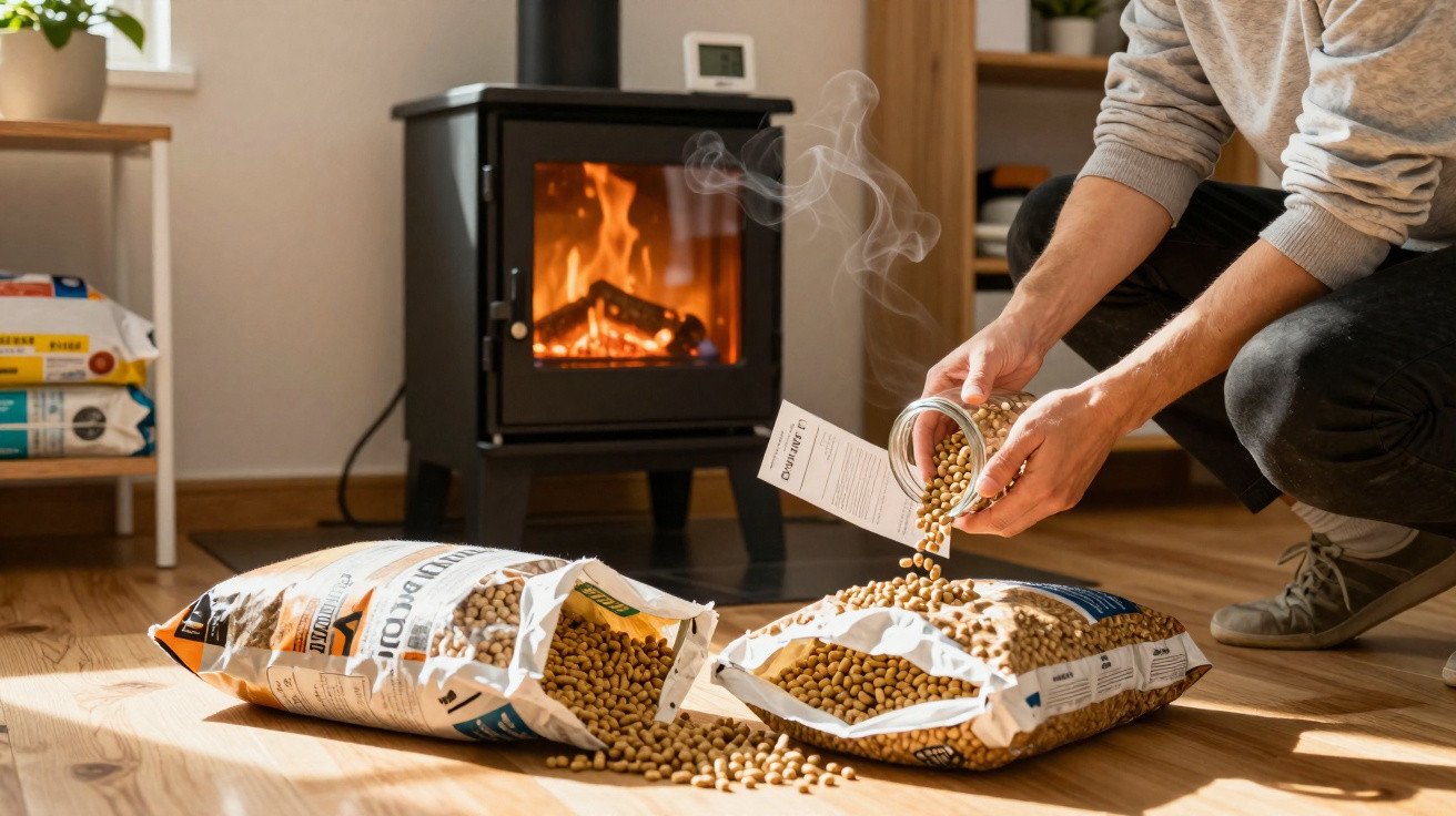 Pessoa a verter pellets de madeira para lareira a lenha num ambiente interior acolhedor.