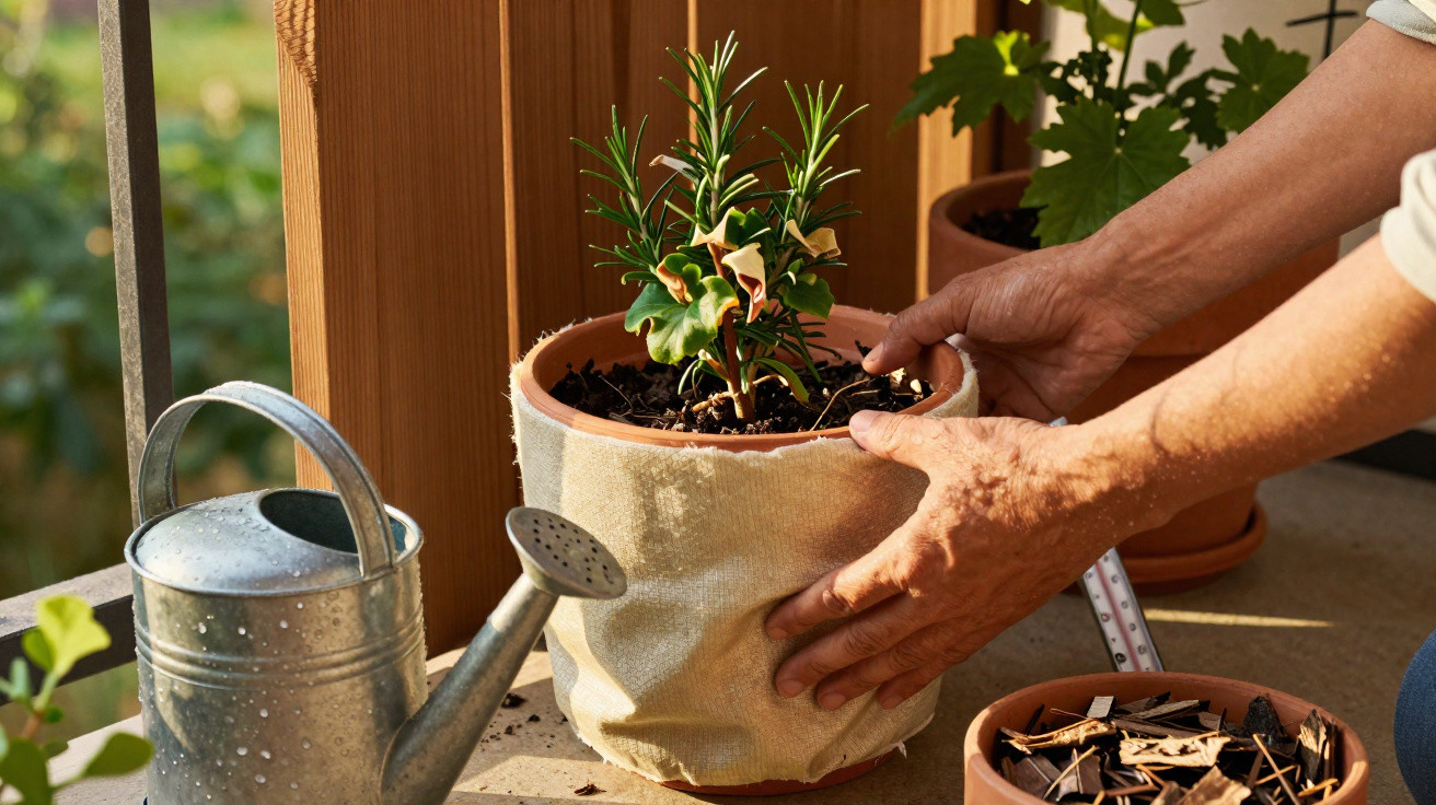 Mãos de pessoa a cuidar de planta em vaso com regador metálico ao lado numa varanda ensolarada.
