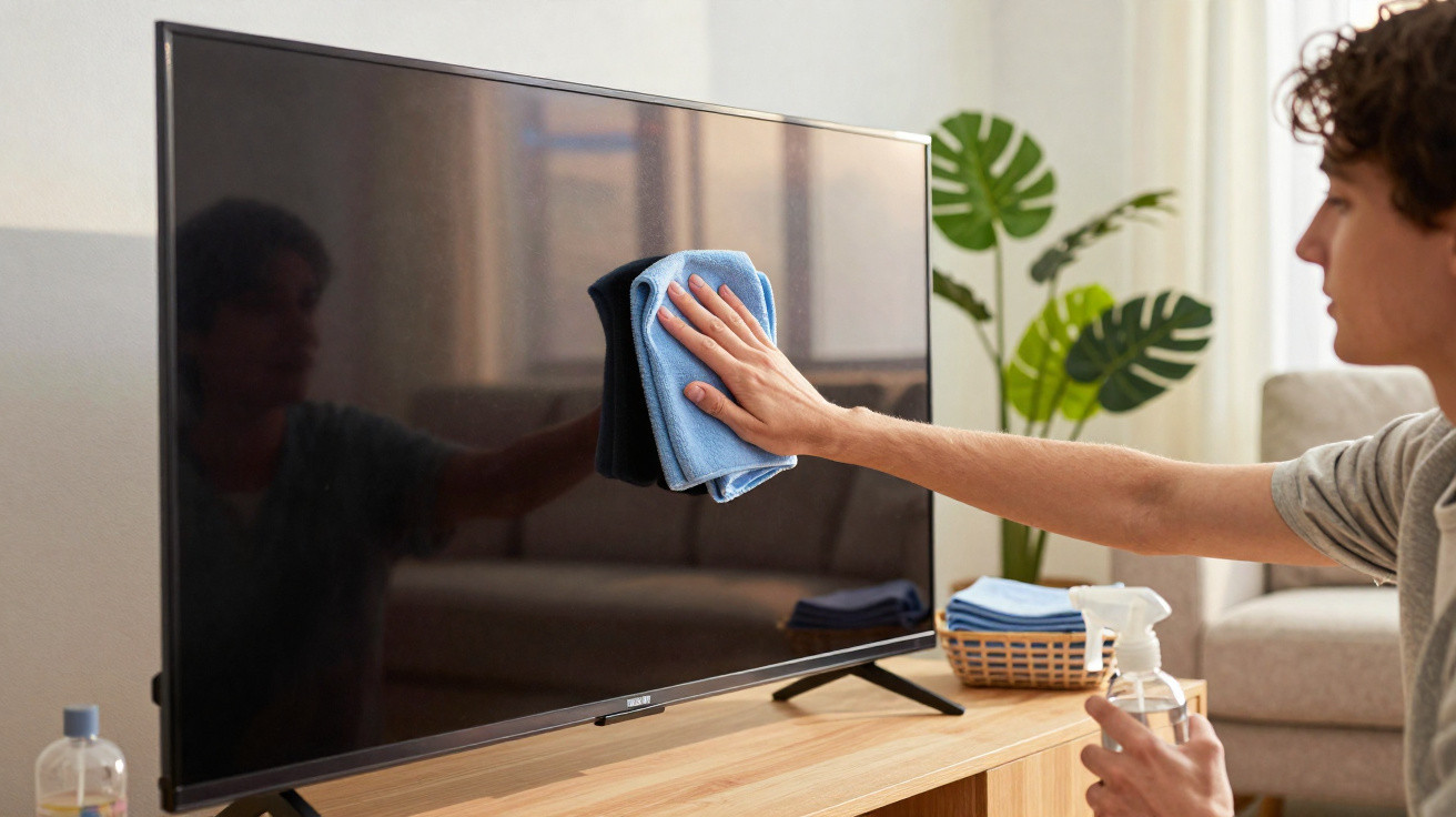 Pessoa a limpar e desinfetar a televisão com um pano azul e um spray num ambiente doméstico.