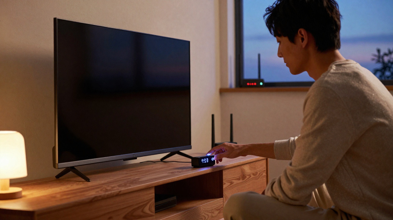 Homem sentado a controlar set-top box com comando remoto em frente a televisão desligada numa sala.