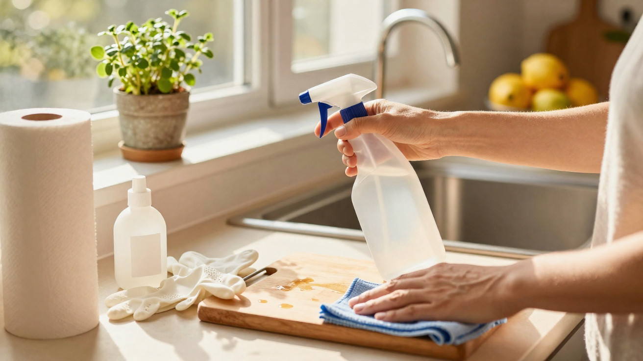 Pessoa a limpar tábua de cozinha com spray e pano azul, perto de pia e utensílios de limpeza.