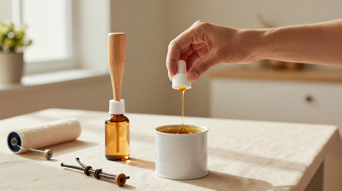 Mão a verter óleo dourado com conta-gotas numa vela branca sobre mesa com acessórios de vela.