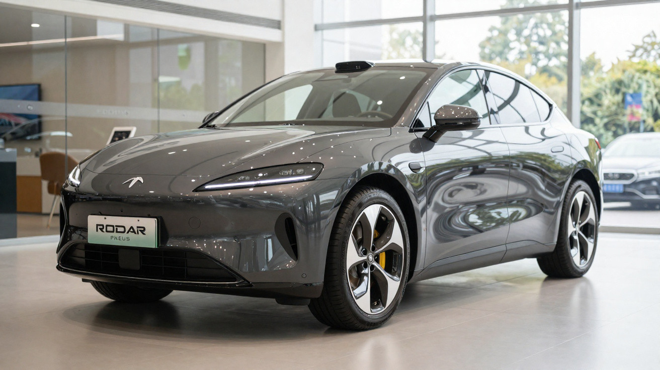 Carro elétrico cinza escuro em exposição numa loja com vidros grandes ao fundo.