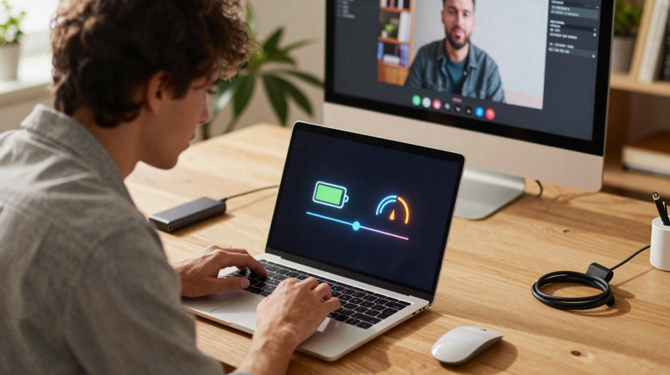Pessoa a usar computador portátil com ícones de bateria e velocidade na tela, e pessoa em videochamada no monitor atrás.