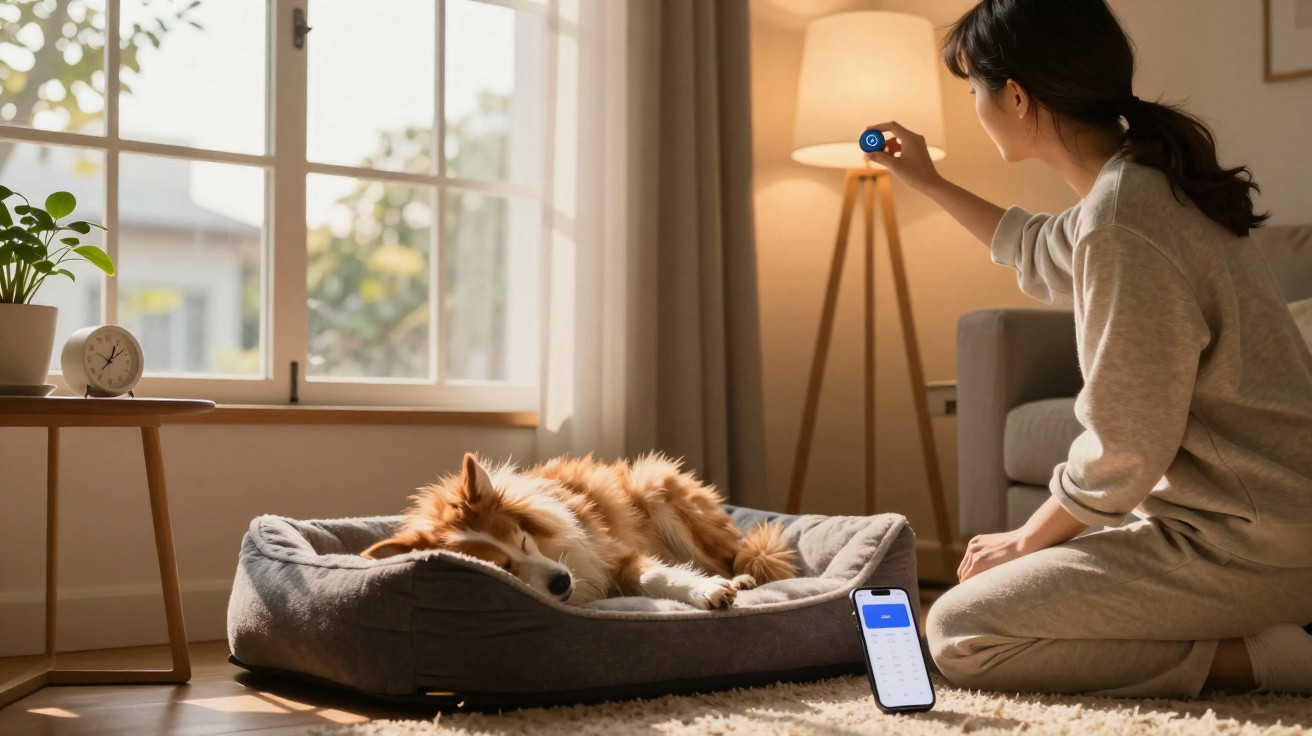 Mulher joga com cão numa sala iluminada, usando comando remoto e telemóvel junto à cama do animal.