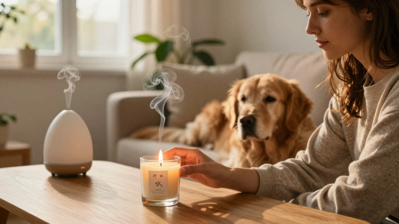 Mulher acende vela perfumada numa sala com cão sentado no sofá ao fundo.