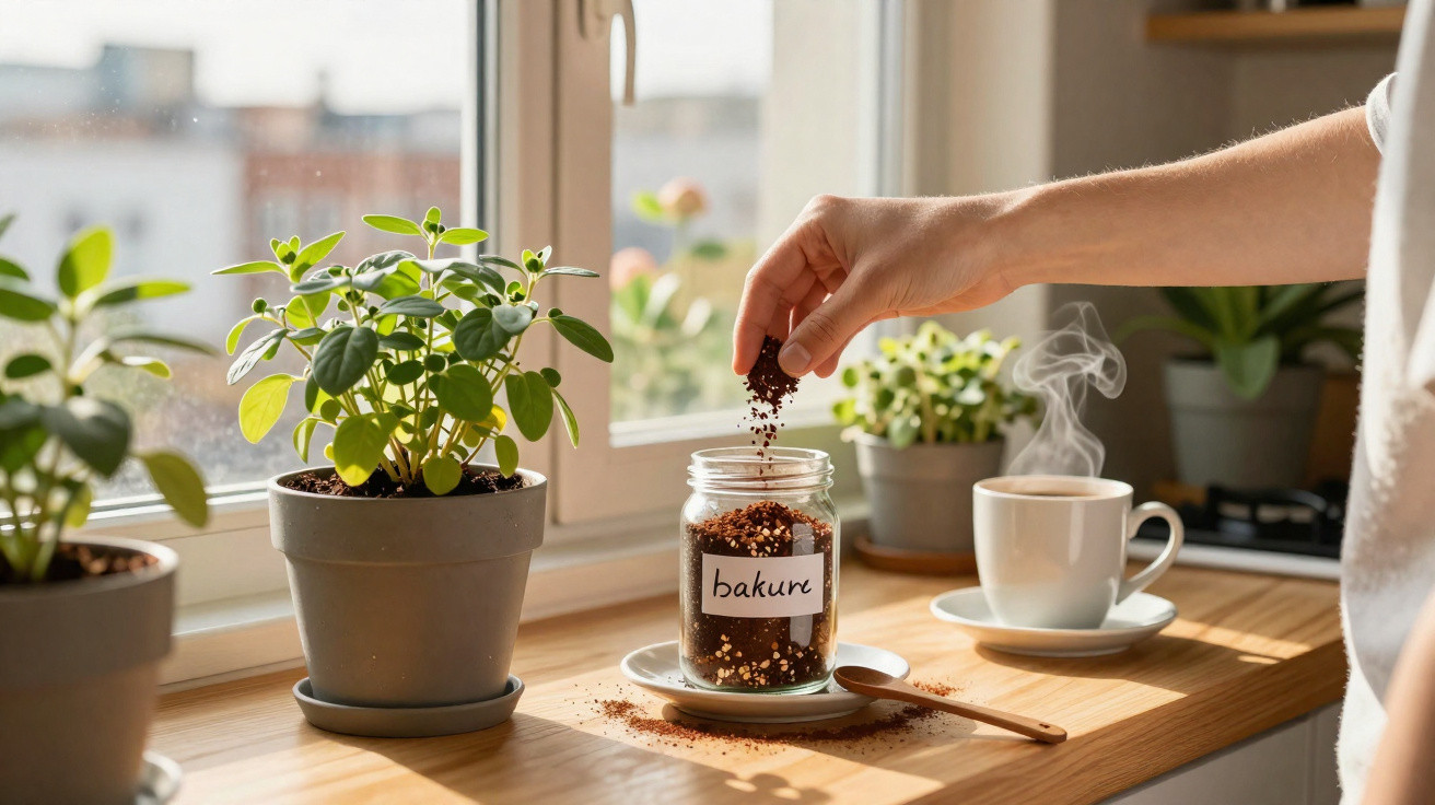 Mão a adicionar café moído num frasco junto a plantas e uma chávena de café quente numa janela ensolarada.