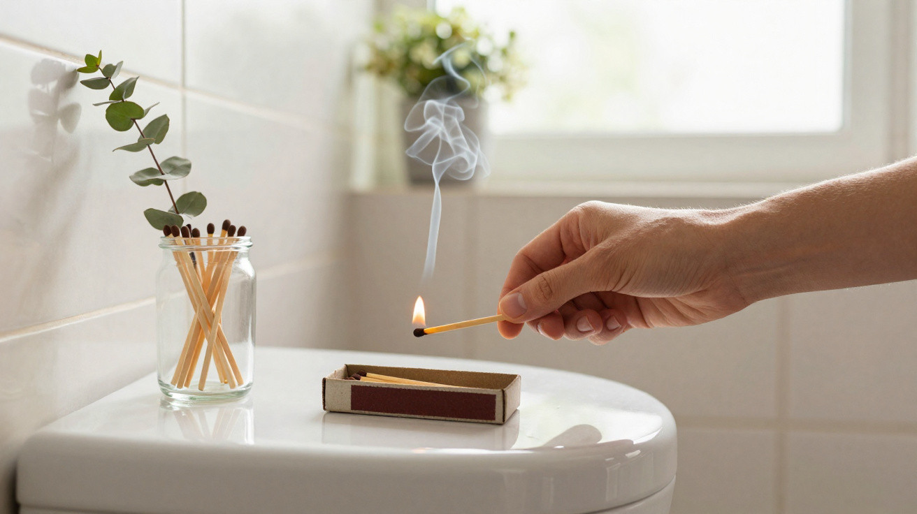 Mão acende fósforo junto a caixa de fósforos e frasco com fósforos num ambiente luminoso.