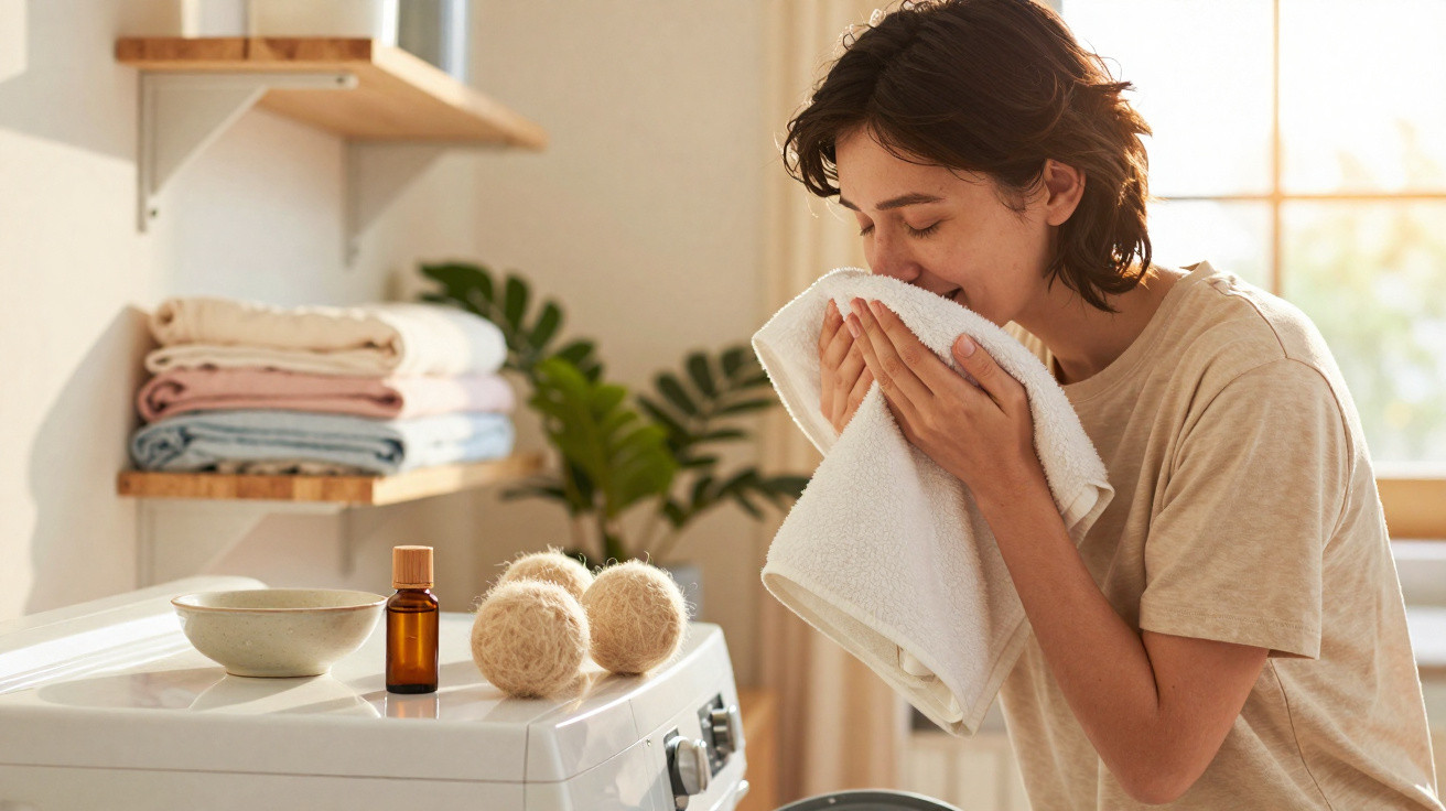 Mulher cheira uma toalha branca fresca junto a máquina de lavar roupa com produtos de lavagem ao lado.
