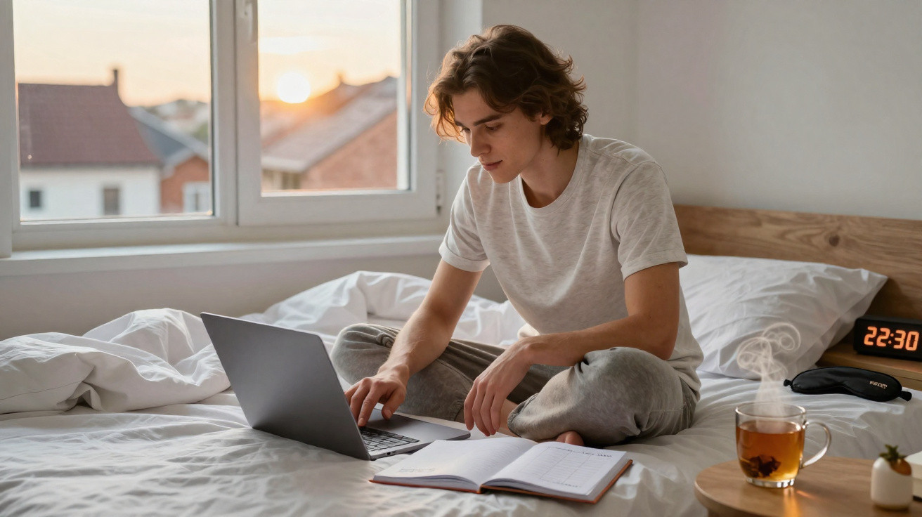 Jovem sentado na cama a trabalhar num computador portátil com caderno aberto, pôr do sol na janela atrás.