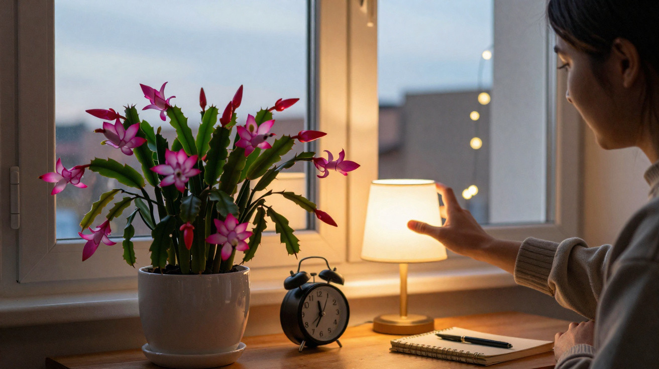 Pessoa a acender abajur numa secretária com planta florida, despertador e caderno junto à janela ao anoitecer.