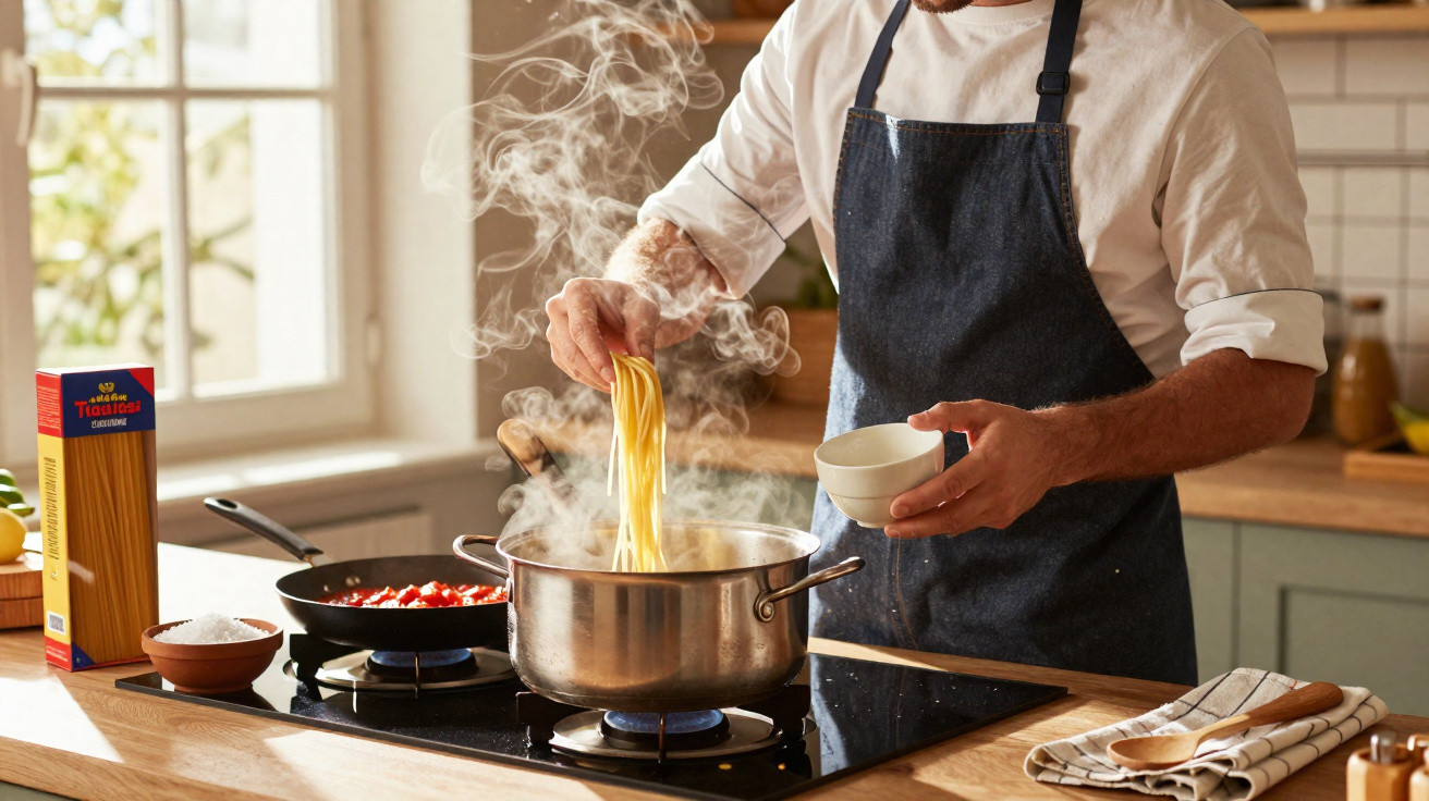Pessoa a cozinhar massa num tacho com vapor, numa cozinha iluminada e moderna.