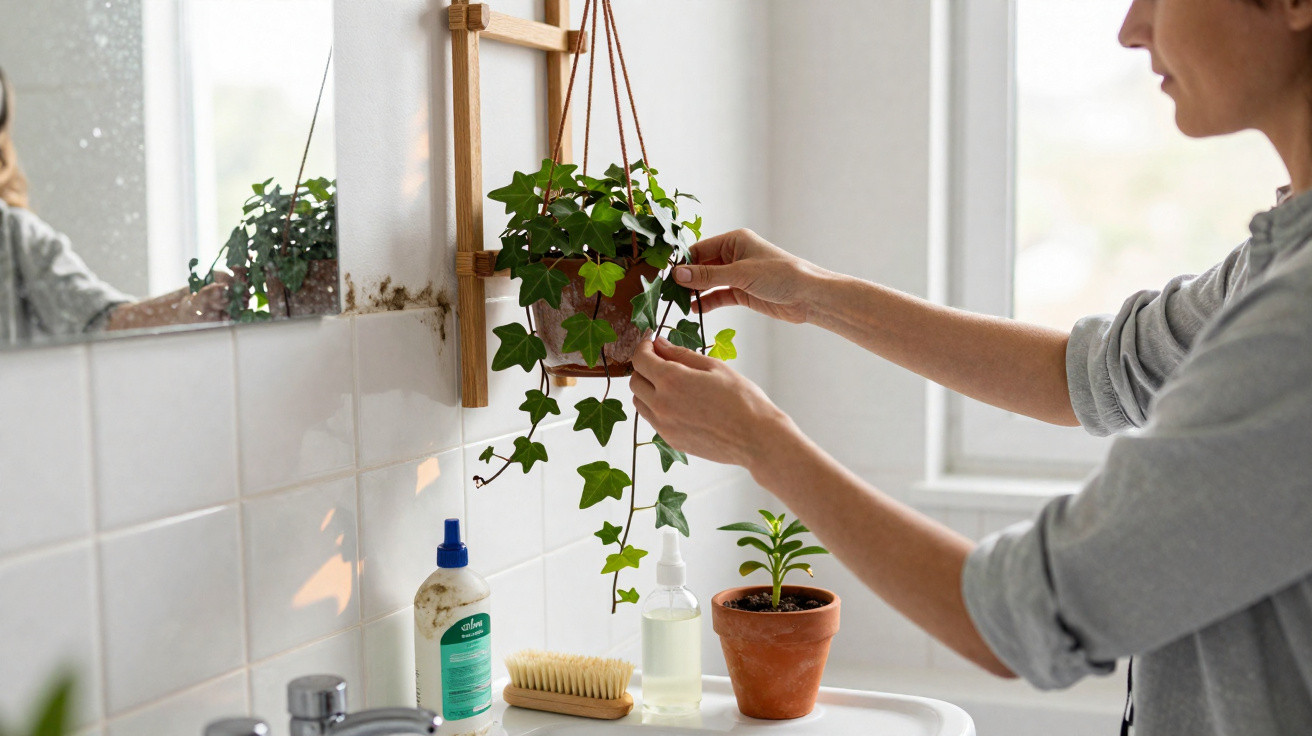 Pessoa a cuidar de planta trepadeira pendurada num vaso num lavatório com outra planta e utensílios de higiene.