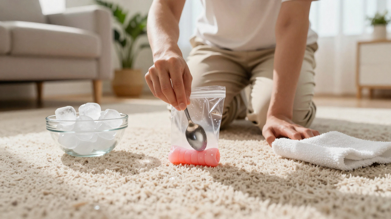 Pessoa a colocar pedras de gelo rosa num saco plástico transparente, com toalha e taça de gelo ao lado, em tapete.
