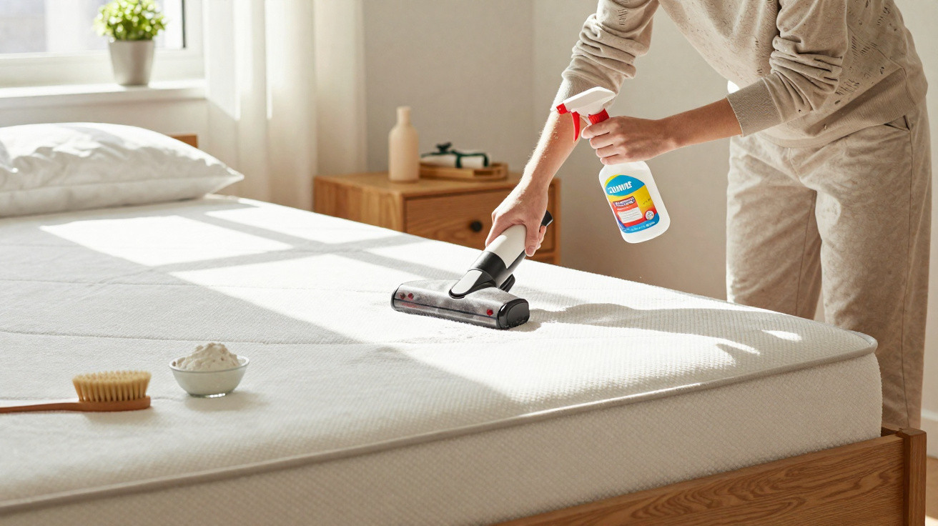 Pessoa a limpar colchão branco com aspirador e spray num quarto iluminado pela luz natural.