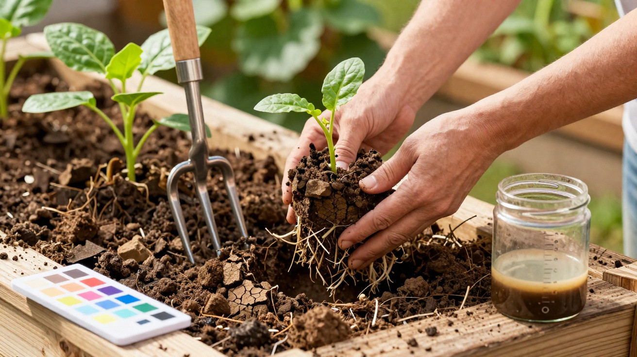 Mãos a transplantar uma muda de planta com raízes para um vaso de madeira cheio de terra húmida.