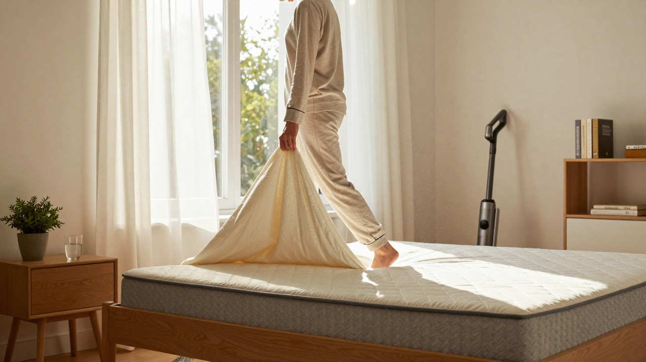 Pessoa com pijama bege a arrumar a cama num quarto iluminado pela luz natural da janela.
