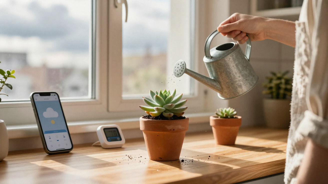 Pessoa a regar planta suculenta em vaso de barro numa janela com smartphone e termómetro à frente.