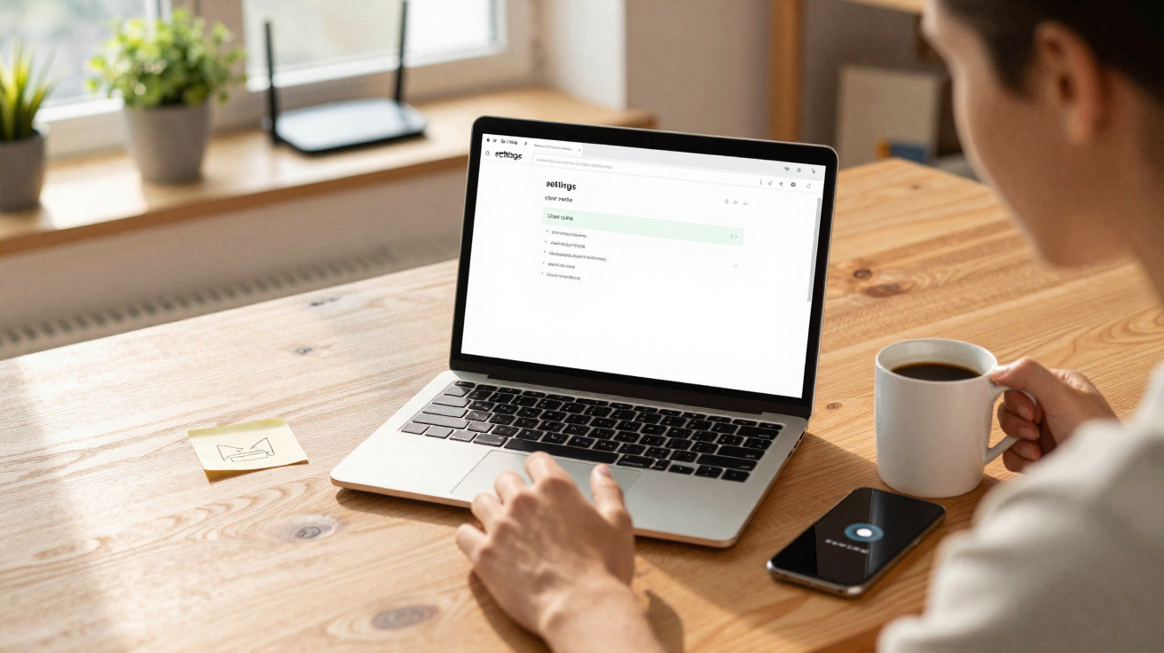 Pessoa a usar laptop com página de configurações aberta, a beber café e com um telemóvel ao lado.