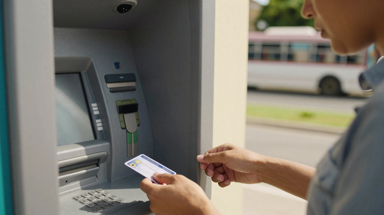 Pessoa a inserir cartão num multibanco ao ar livre junto a uma estrada com autocarro ao fundo.