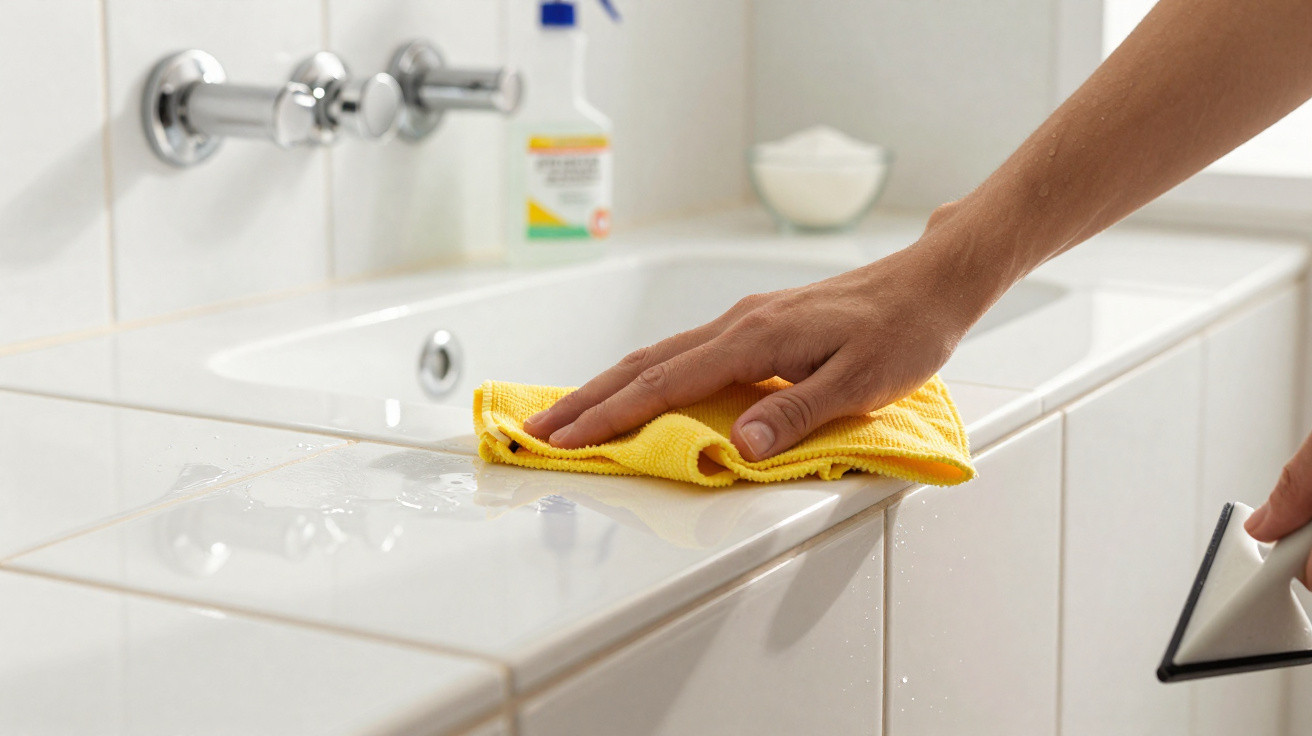 Pessoa a limpar uma superfície branca de casa de banho com um pano amarelo e uma espátula de borracha.