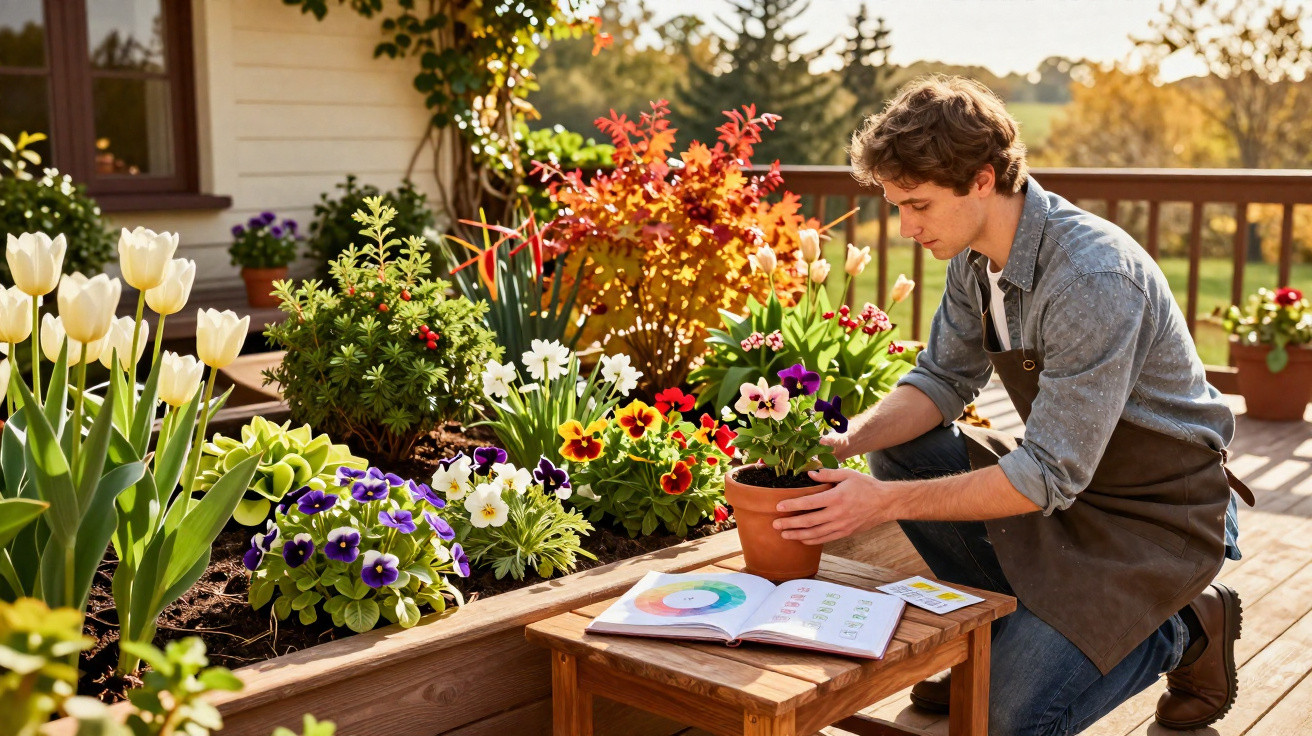 Homem a cuidar de flores num jardim com diversas plantas coloridas numa varanda ensolarada.