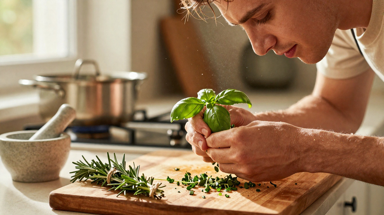 Pessoa a segurar folhas de manjericão fresco junto a tábua de madeira com ervas aromáticas numa cozinha.