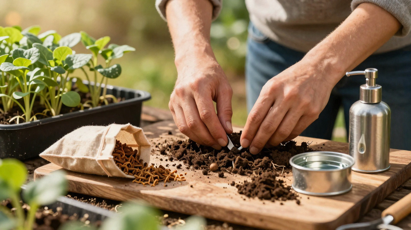Mãos a plantar sementes em terra num tabuleiro com plantas, ao lado de saco de sementes e frasco metálico.