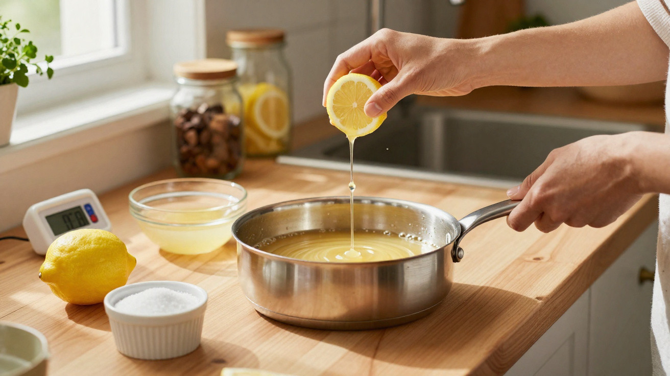 Mãos a espremer limão sobre panela com líquido amarelo numa cozinha luminosa com ingredientes na bancada.