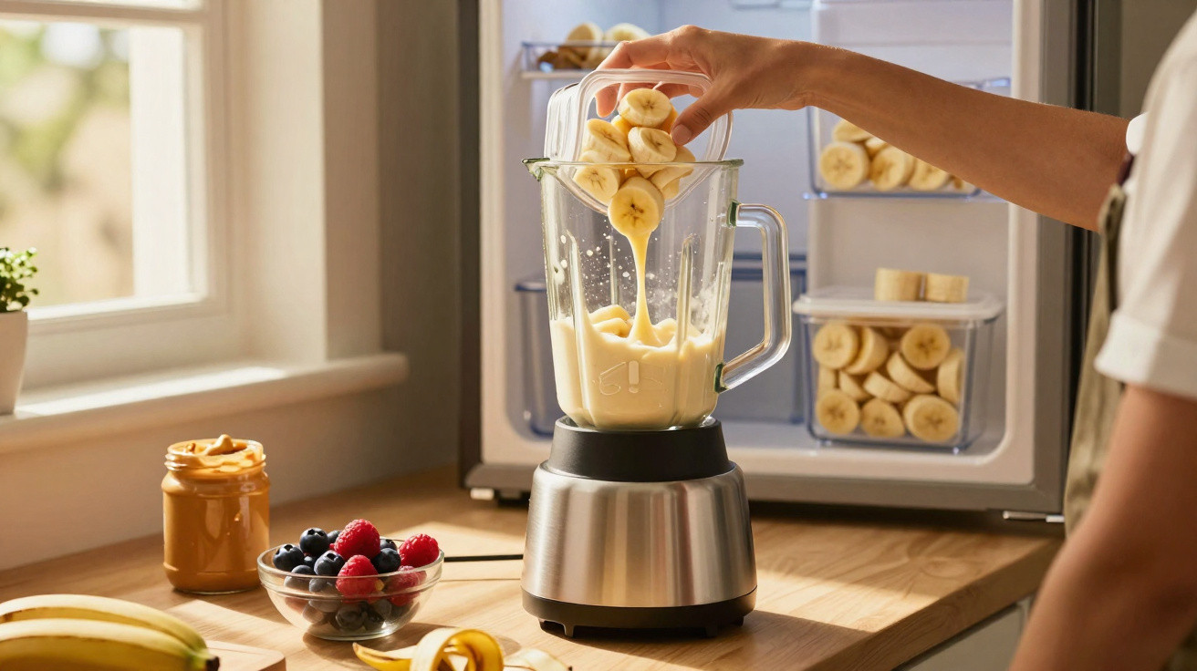 Pessoa a colocar rodelas de banana num liquidificador para preparar batido, ao lado de frutos vermelhos e manteiga de amendoi