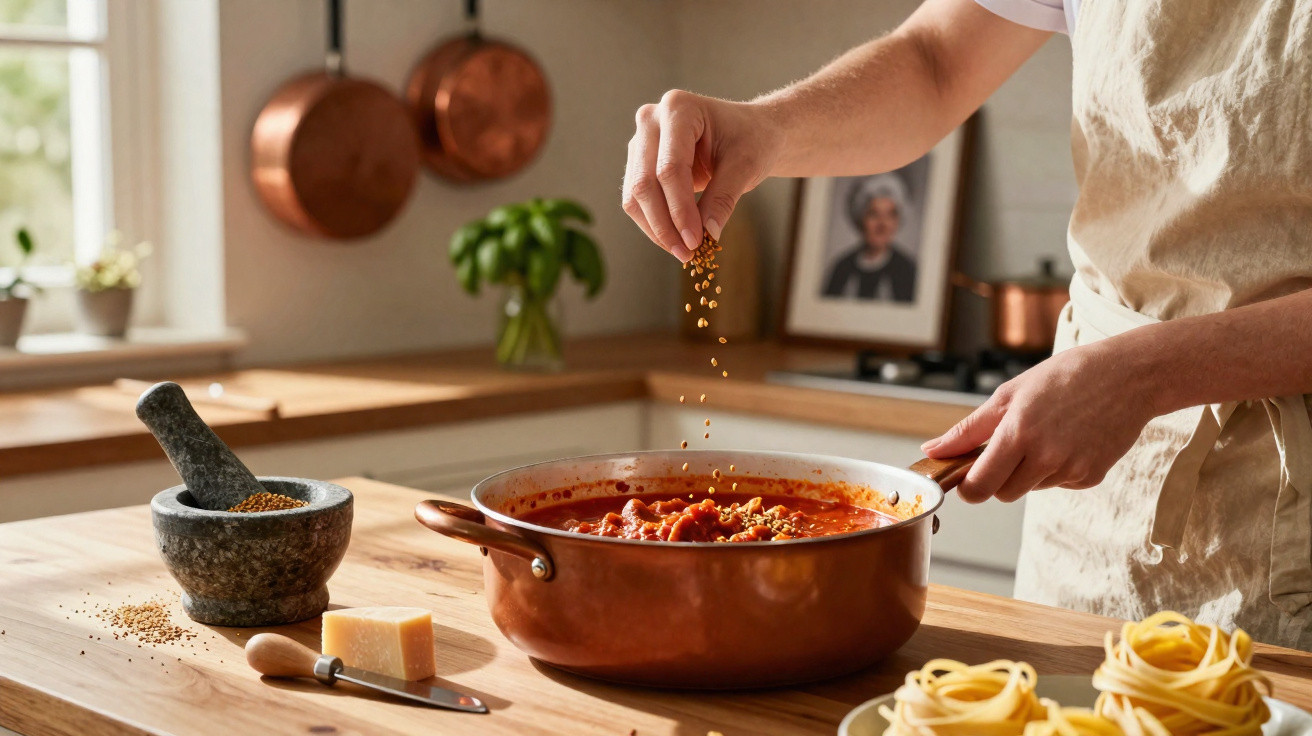 Pessoa a temperar molho de tomate numa panela de cobre numa cozinha rústica e iluminada.