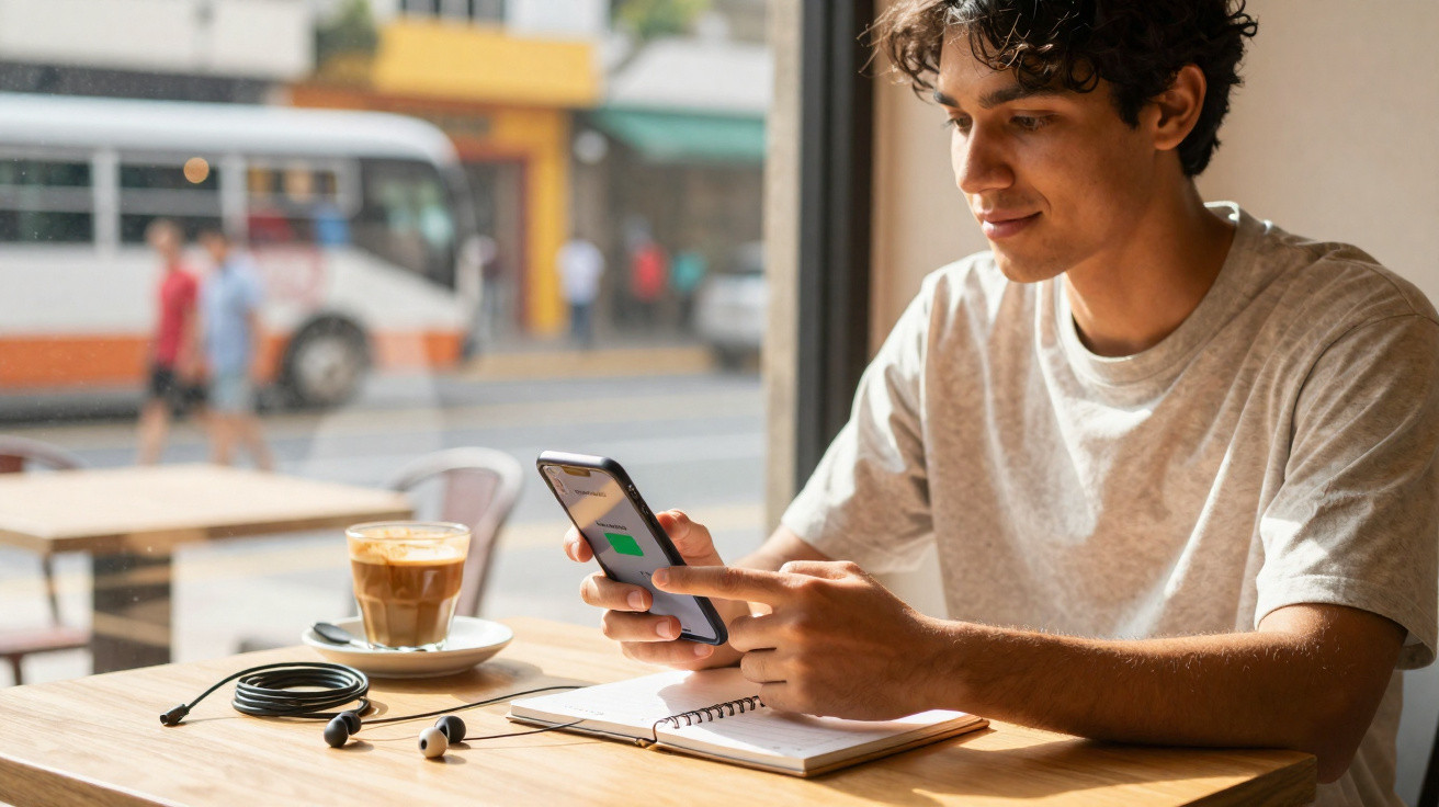 Jovem sentado numa esplanada com café, auscultadores, caderno e telemóvel nas mãos a usar bateria.