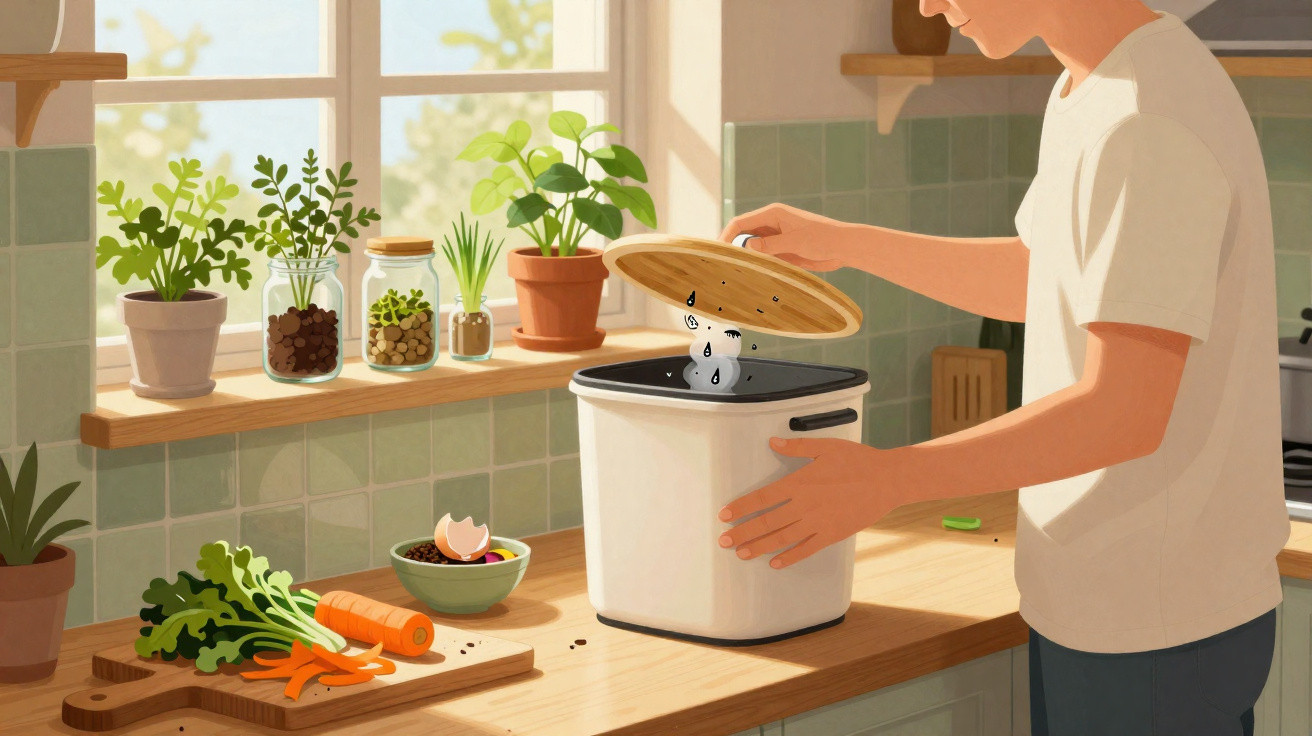 Pessoa a depositar restos de alimentos num recipiente de compostagem na cozinha com plantas ao fundo.