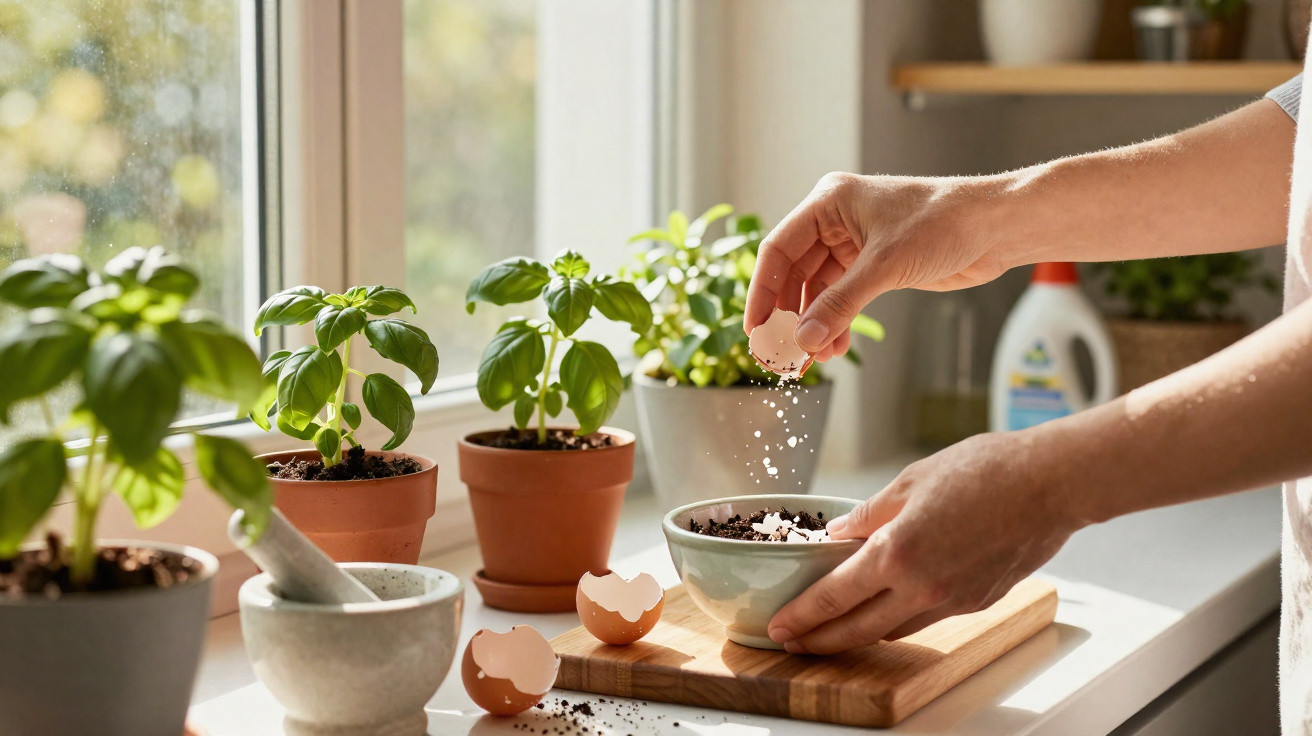 Mãos a adicionar casca de ovo moída a vaso com terra, rodeado por plantas em vasos junto a janela iluminada.