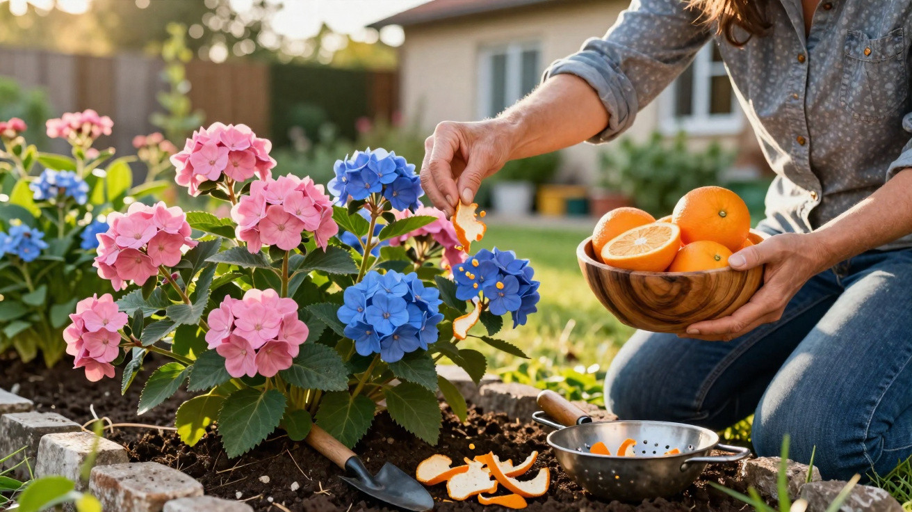 Pessoa a alimentar joaninhas em flores rosas e azuis num jardim, segurando uma tigela com laranjas cortadas.