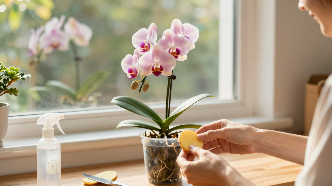 Pessoa a cuidar de orquídea rosa junto a janela com frasco de borrifador e suculenta ao lado.