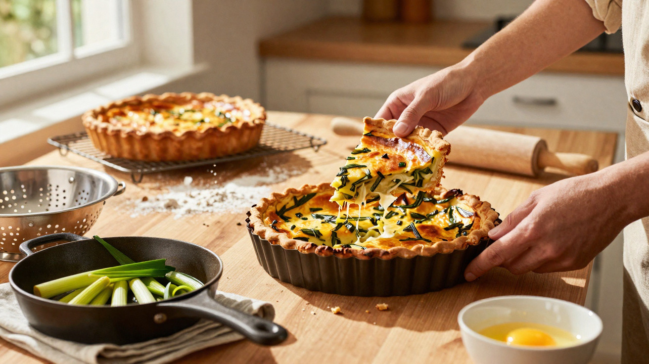 Pessoa a servir fatia de quiche com legumes numa cozinha luminosa e acolhedora.