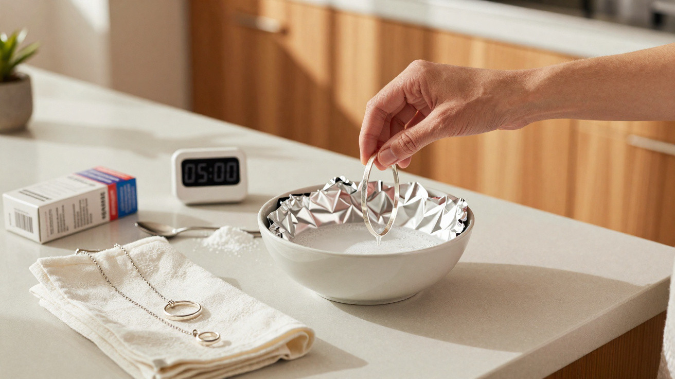 Mãos limpando anéis de prata numa tigela com bicarbonato de sódio e papel alumínio numa cozinha.