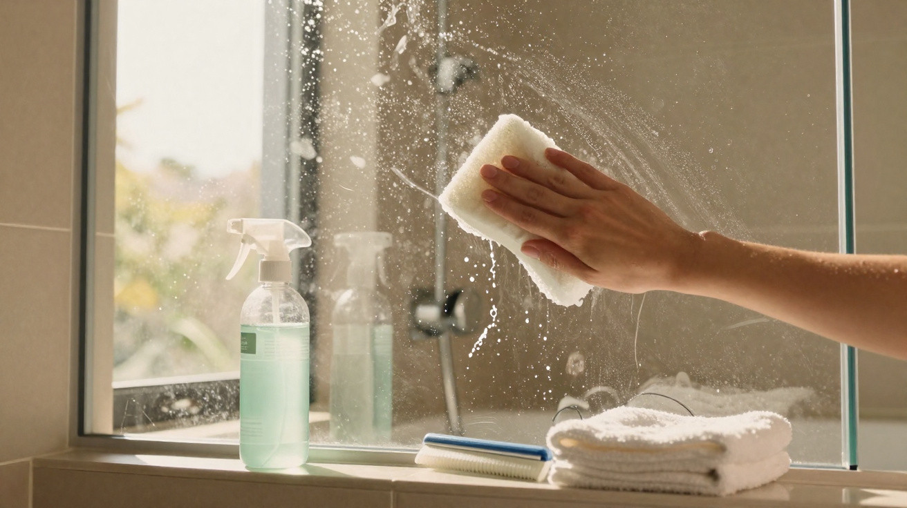 Pessoa a limpar um espelho de casa de banho com um pano branco e produtos de limpeza ao lado.