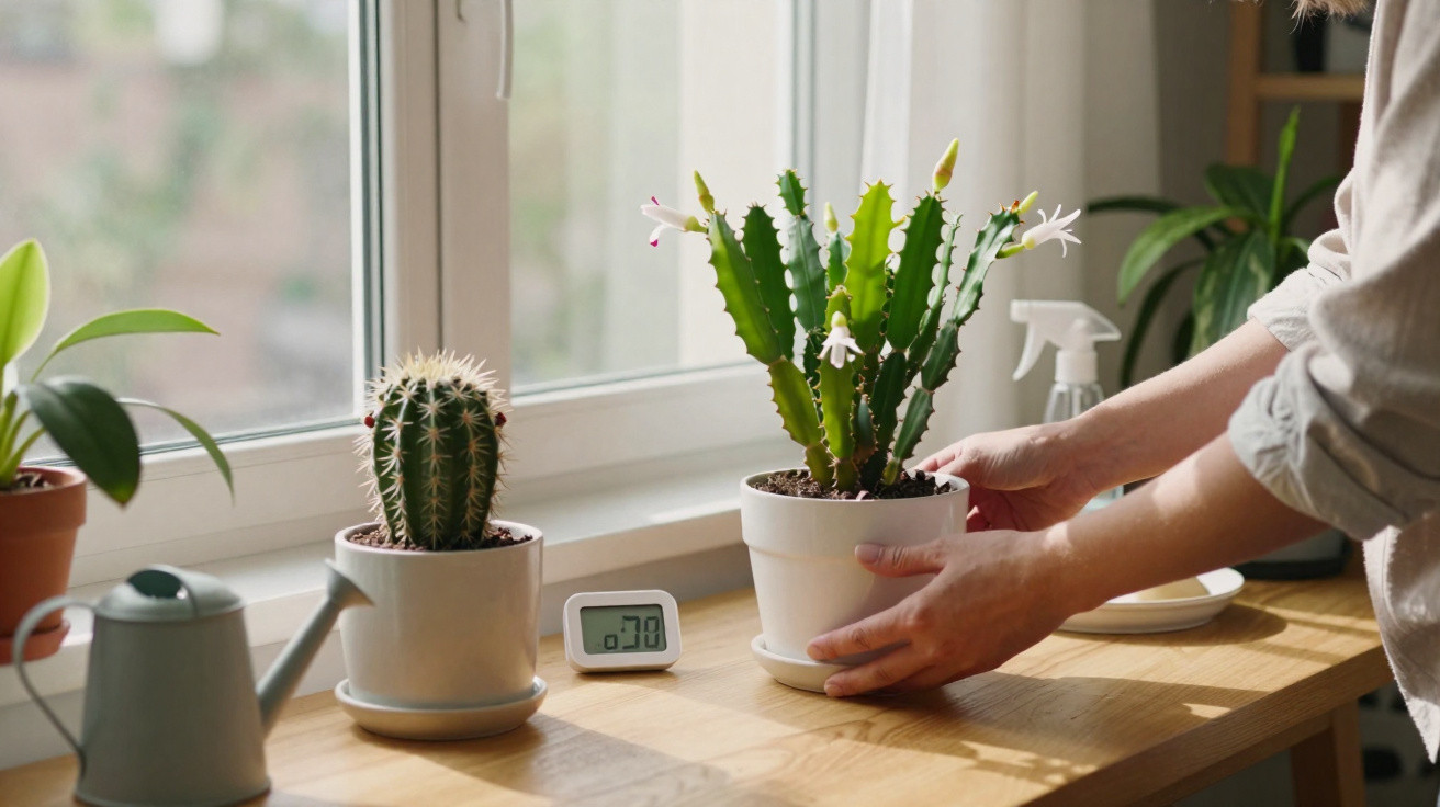 Mãos arrumam vasos com plantas suculentas numa mesa perto de uma janela iluminada pelo dia.