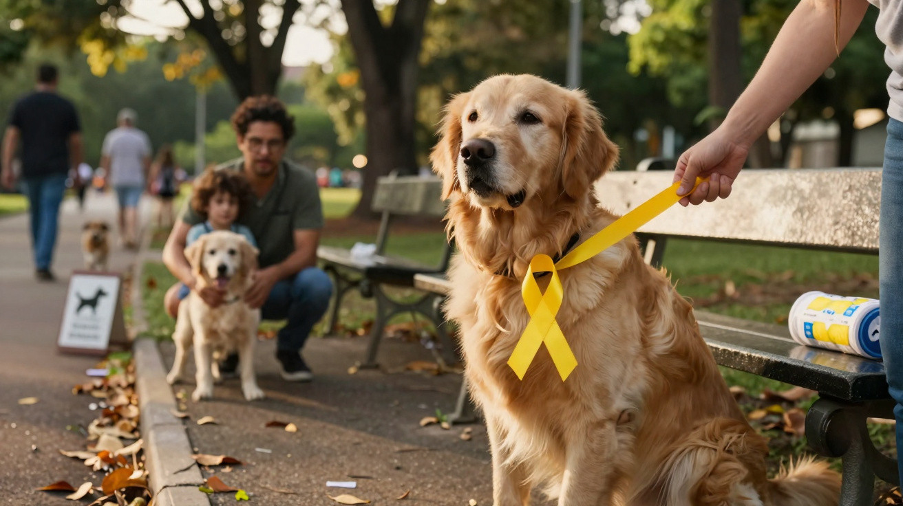 Cão dourado com fita amarela no pescoço, sentado numa esplanada de parque com pessoas ao fundo.