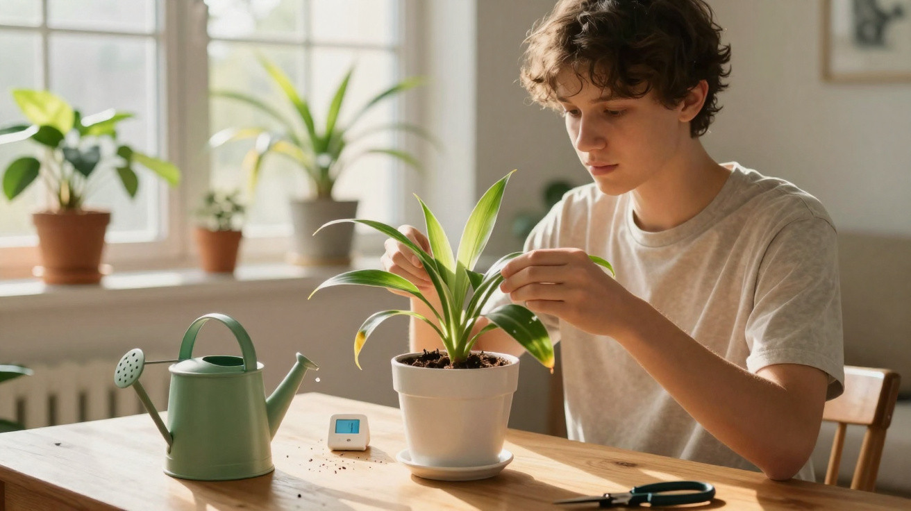Jovem cuida de planta em vaso branco numa mesa de madeira, com regador verde e tesoura ao lado.